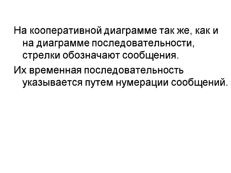 На кооперативной диаграмме так же, как и на диаграмме последовательности, стрелки обозначают сообщения. 